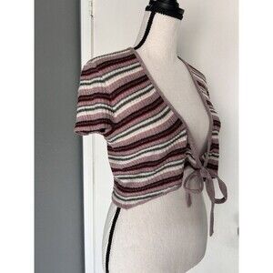 American Eagle Striped Tie Front Crop Cardigan Top S Coquette Whimsigoth Ribbed